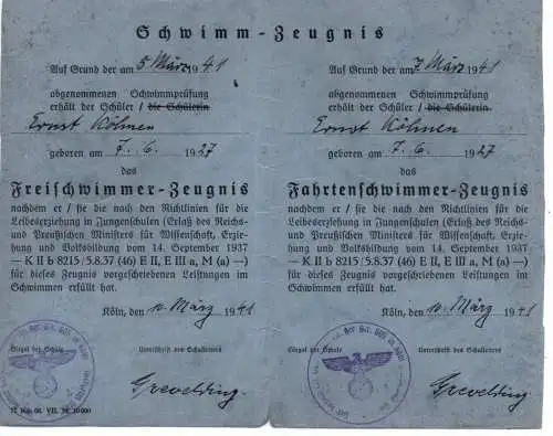 AUSWEIS / DOCUMENT - SCHWIMM - AUSWEIS der Kölner Schulen 1941