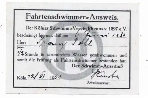 AUSWEIS / DOCUMENT - Fahrtenschwimmer - Ausweis Kölner Schwimm Verein Rhenus, 1930