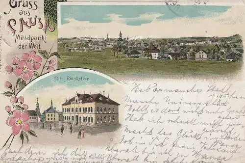 0-6575 PAUSA, Lithographie 1899, Hotel Ratskeller, Gesamtansicht, kl. Eckmangel