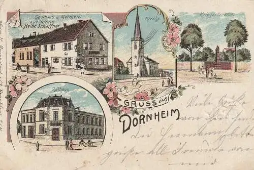 6080 GROSS - GERAU - DORNHEIM, Lithographie, Gasthaus / Metzgerei zur Sonne, Rathaus, Kriegerdenkmal, Kirche, kl. Drucks