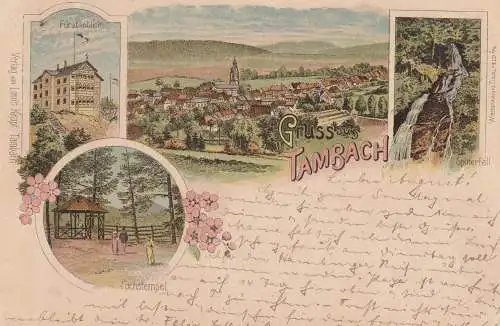 0-5809 TAMBACH, Lithographie 1898, Fürstenblick, Fuchstempel, Spitterfall, Dorfansicht