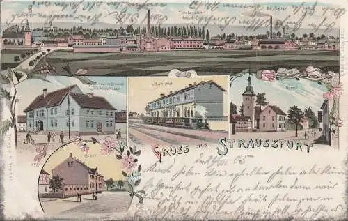 0-5236 STRAUSSFURT, Lithographie, Gasthaus zum Strauss, Bahnhof, Schule, Kirche, Gesamtansicht mit Fabriken