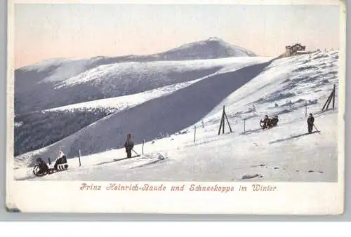 NIEDER - SCHLESIEN - KRUMMHÜBEL / KARPACZ, Prinz - Heinrich - Baude und Schneekoppe im Winter, ca. 1905