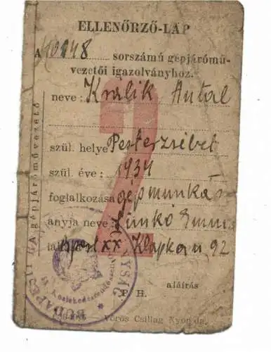 MOTORRAD - UNGARN - Führerschein / Drivers License, 1952