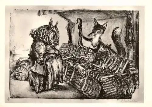 TIERE - EULEN / Owls / Buho / Hibou / Uil / Gufo, Eule & Fuchs, Künstler-Karte Paul Weber, "Der Supersalesman"