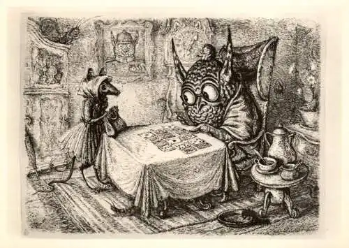 TIERE - EULEN / Owls / Buho / Hibou / Uil / Gufo, Eule & Fuchs, Künstler-Karte Paul Weber, "Blick in die Zukunft"