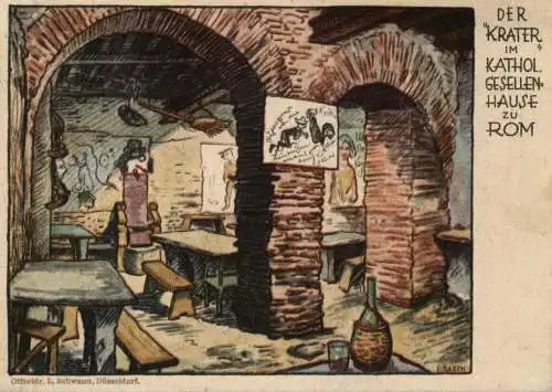 I 00120 ROMA, Katholisches Gesellenhaus / Kolpinghaus, Der Krater, Künstler-Karte L. Barth, Druck Schwann - Düsseldorf