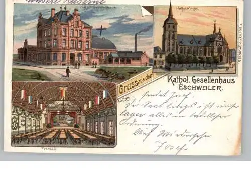 5180 ESCHWEILER, Lithographie, Kath. Gesellenhaus / Kolpinghaus, Aussenansicht und Festsaal, Kath. Kirche, Reisinger-Köl