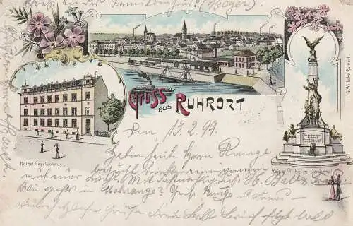 4100 DUISBURG - RUHRORT, Lithographie 1899, Kath. Vereinshaus / Kolpinghaus, Kaiser-Wilhelm-Denkmal, kl. Druckstelle