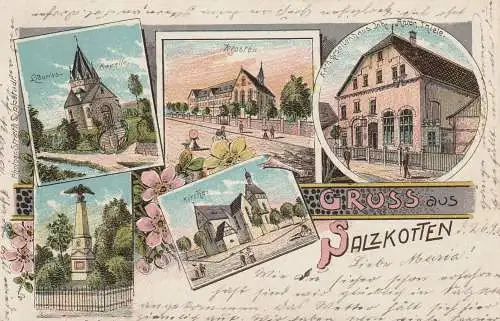 4796 SALZKOTTEN, Lithographie, Kath. Gesellenhaus / Kolpinghaus, Kriegerdenkmal, Kirche, Kloster, Kapelle, 1903