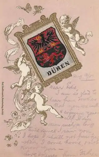 5160 DÜREN, Stadtwappen in Seide gewebt / silk woven, 1901, Verlag Knuffmann - Krefeld