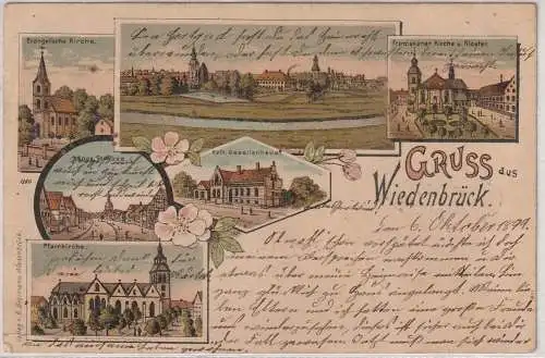 4840 WIEDENBRÜCK, Lithographie 1899, Kath. Gesellenhaus / Kolpinghaus, Kirchen, Lange Strasse...