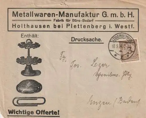5970 PLETTENBERG - HOLTHAUSEN, Postgeschichte, Briefumschlag Metallwaren Manufaktur, Büro Artikel, 1924