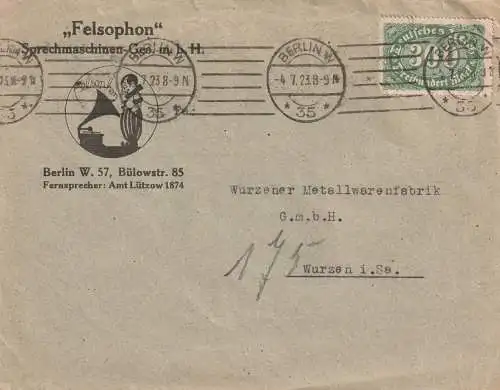 1000 BERLIN - SCHÖNEBERG, Postgeschichte, Briefumschlag Felsophon GmbH / Grammophon Herstellung, 1923