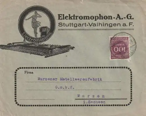 7000 STUTTGART - VAIHINGEN, Postgeschichte, Briefumschlag Elektromophon AG / Grammophon Herstellung, 1923