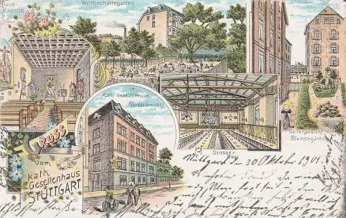 7000 STUTTGART, Lithographie 1901, kath. Gesellenhaus / Kolpinghaus, 5 Ansichten