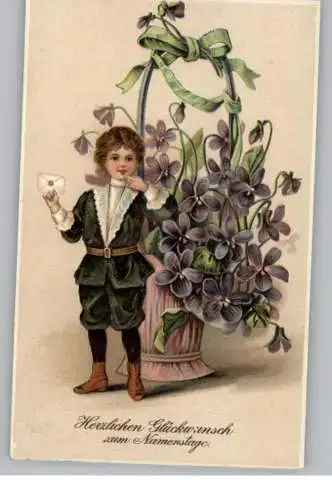 KINDER - Junge mit prächtigem Blumenkorb, Präge-Karte / embossed / relief, 1910