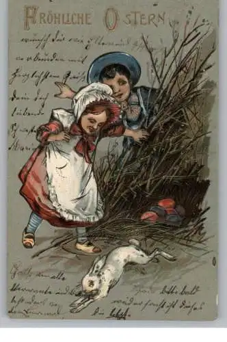 OSTERN - Kinder mit Eiernest und Hasen, Präge-Karte / embossed / relief, 1903