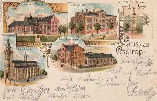 4620 CASTROP - RAUXEL, Lithographie 1899, kath. Gesellenhaus / Kolpinghaus, kath. Kirche, Amtsgericht, Rochus-Hospital..
