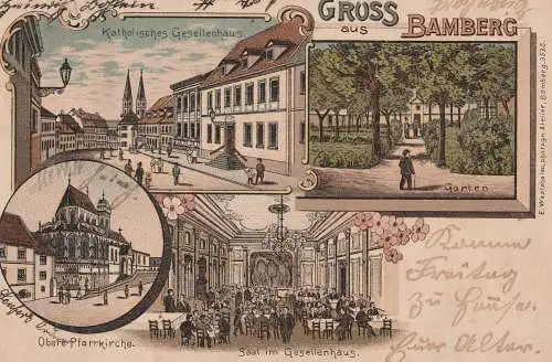 8600 BAMBERG, Lithographie, kath. Gesellenhaus / Kolpinghaus, Obere Pfarrkirche