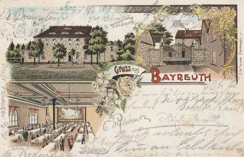 8580 BAYREUTH, Lithographie, kath. Gesellen Hospiz / Kolpinghaus, 3 Ansichten