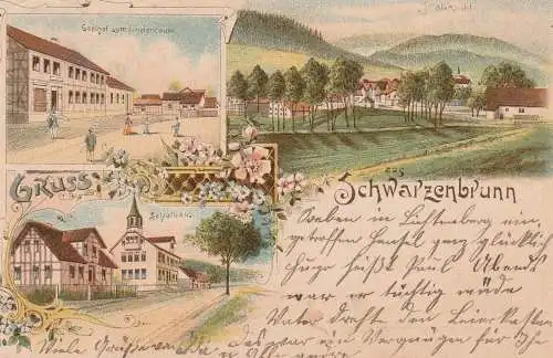 0-6120 EISFELD - SCHWARZENBRUNN, Lithographie, Gasthof zum Lindenbaum, Schulhaus, Dorfansicht, Rand beschnitten