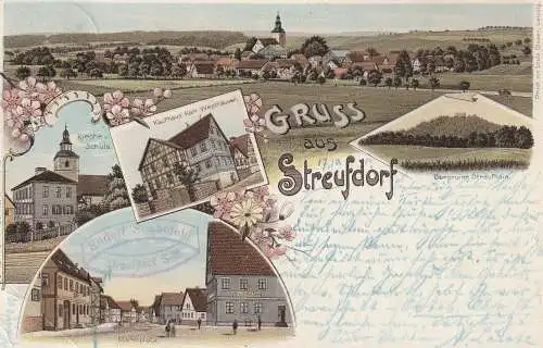 0-6111 STREUFDORF, Lithographie 1901, Kaufhaus Westhäuser, Kirche und Schule, Marktplatz, Burgruine Straufhain