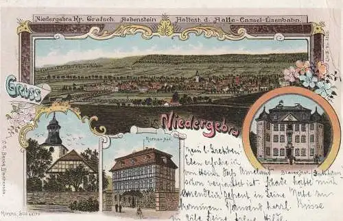 0-5501 NIEDERGEBRA, Lithographie 1904, Rother Hof, Blauer Hof, Kirche, Gesamtansicht, Druckstelle