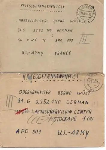 5000 KÖLN, Postgeschichte, 2 Kriegsgefangenenbriefe mit Inhalt 1946 an US APO 809