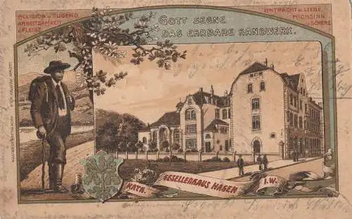 5800 HAGEN, kath. Gesellenhaus / Kolpinghaus, 1905, Steindruck belg. Nachporto