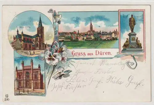 [Ansichtskarte] 5160 DÜREN, Lithographie 1901, Synagoge, St. Anna-Kirche, Kaiser-Denkmal, Gesamtansicht. 