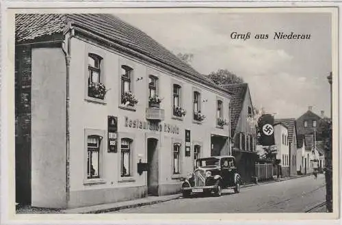 [Ansichtskarte] 5160 DÜREN - NIEDERAU, Gasthof Franz Stolz, NS-Beflaggung am Nachbarhaus, Oldtimer, 1938, Oberflächenmangel. 