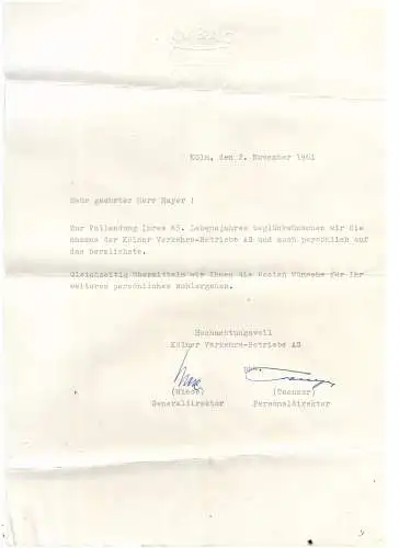[Ansichtskarte] 5000 KÖLN, KVB - STRASSENBAHN, Beurteilung und Glückwunschschreiben von Oberfahrer Mayer 1953 / 1961 von Oberstadtdirektor Suth / KVB Geberaldirektor Wiese..... 