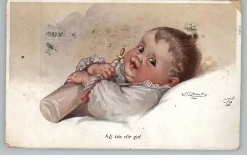 [Ansichtskarte] KÜNSTLER / ARTIST - WALLY FIALKOWSKA, Baby mit Flasche, 1917, kl. Eckmangel. 