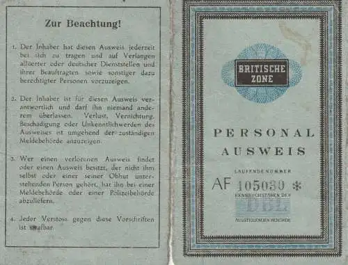 AUSWEIS / PASSPORT / CARTE D'IDENTITE - Personalausweis für die Britische Zone, mehrmaliger Umzug ab 1947, Einriss