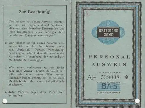 AUSWEIS / PASSPORT / CARTE D'IDENTITE - Personalausweis für die Britische Zone, Köln