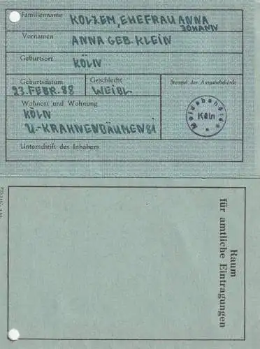 AUSWEIS / PASSPORT / CARTE D'IDENTITE - Personalausweis für die Britische Zone, Köln