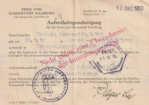 AUSWEIS / DOCUMENT - Aufenthaltsgenehmigung für Hamburg, 1953 durch die engl. Behörden / Interzonenausweis