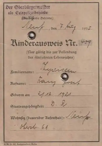 AUSWEIS / PASSPORT / CARTE D'IDENTITE - Kinderausweis DEUTSCHES REICH, Neuß, 1935