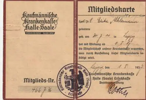 AUSWEIS / DOCUMENT - Mitgliedskarte Kaufmännische Krankenkasse Halle / Saale, 1937