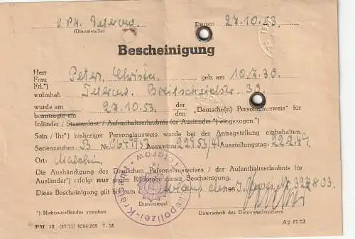 AUSWEIS / DOCUMENT - BESCHEINIGUNG über den Einzug des Personalausweises, Teterow 1953
