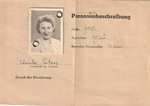 AUSWEIS / DOCUMENT - BESCHEINIGUNG über den Einzug des Personalausweises, Teterow 1953