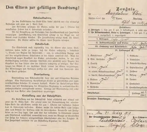 SCHULE - VOLKSSCHUL - ZEUGNISHEFT Stadt Köln 1918 - 1922