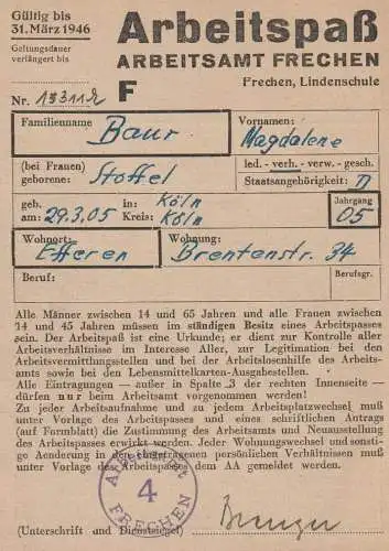 5020 FRECHEN, Arbeitspaß November 1945, komplett, gute Erhaltung