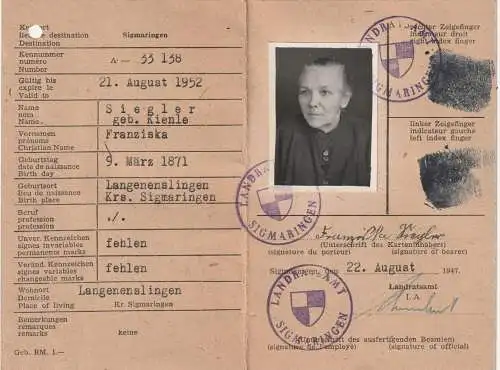 AUSWEIS / PASSPORT / CARTE D'IDENTITE - Kennkarte 1947 Sigmaringen