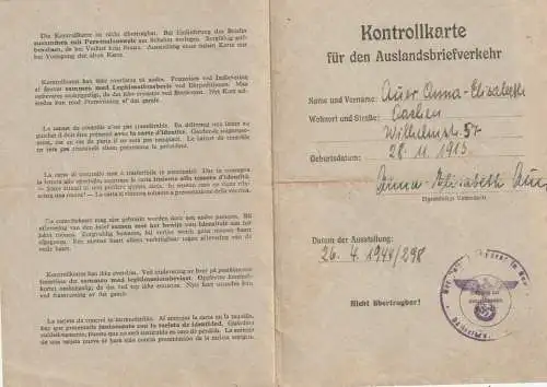AUSWEIS / DOCUMENT - DEUTSCHES REICH, Kontrollkarte für den Auslandsbriefverkehr, ausgestellt Aachen 1944