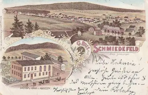 0-6315 SCHMIEDEFELD, Lithographie, Gasthof zum König von Preussen, Ortsansicht, kleine Randmängel