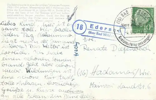 3693 EDERTAL - EDERSEE, Sonnenuntergang am See,.Landpoststempel "Edersee über Bad Wildungen" 1957