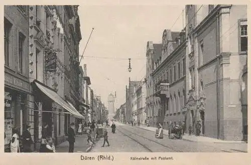 5160 DÜREN, Kölnstrasse mit Postamt / Cafe Schwarz, belebte Szene, 1915