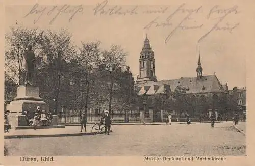 5160 DÜREN, Moltke-Denkmal und Marienkirche, 1916